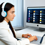 A highly skilled professional female translator, fully clothed in a modest business suit, seated at a modern ergonomic desk in a brightly lit, contemporary office. She is intensely focused on her laptop screen, which displays a complex CAT tool interface with multilingual text. Wireless headphones are subtly visible, enhancing her concentration. The background is a soft-focus blur of a stylish office environment, suggesting an atmosphere of innovation and efficiency. Perfect anatomy, correct proportions, natural pose, well-formed hands, proper finger count, natural body proportions. Professional photography, high quality, safe for work, appropriate content, family-friendly.