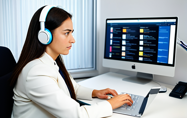 A highly skilled professional female translator, fully clothed in a modest business suit, seated at a modern ergonomic desk in a brightly lit, contemporary office. She is intensely focused on her laptop screen, which displays a complex CAT tool interface with multilingual text. Wireless headphones are subtly visible, enhancing her concentration. The background is a soft-focus blur of a stylish office environment, suggesting an atmosphere of innovation and efficiency. Perfect anatomy, correct proportions, natural pose, well-formed hands, proper finger count, natural body proportions. Professional photography, high quality, safe for work, appropriate content, family-friendly.