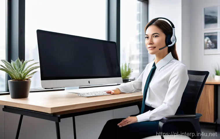 국제통역사 업무 관련 기술 - **Prompt 1: Remote Simultaneous Interpreter in a Tech-Enabled Home Office**
A professional woman...