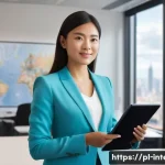 Home 22 국제통역사 자격증 시험 정보 - **Prompt:** A confident and professional female translator in her early 30s, dressed in a sharp busi...