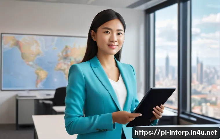 국제통역사 자격증 시험 정보 - **Prompt:** A confident and professional female translator in her early 30s, dressed in a sharp busi...
