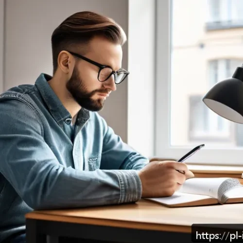Home 31 통역 실기 시험 대비법 - A focused young adult translator sitting at a modern desk in a cozy home office filled with Polish-l...