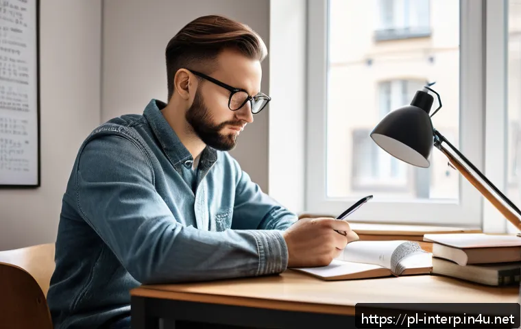 통역 실기 시험 대비법 - A focused young adult translator sitting at a modern desk in a cozy home office filled with Polish-l...