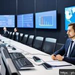 Home 18 국제통역사 자격 취득의 어려움 - A professional conference interpreter working in a modern international conference hall, wearing sma...