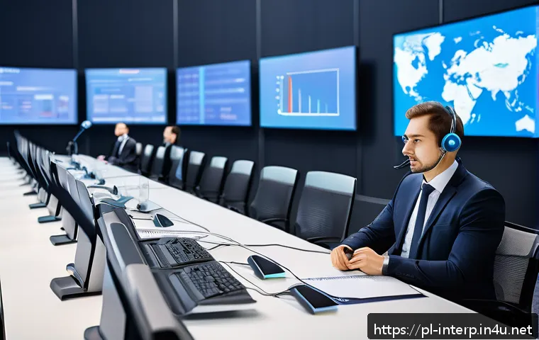 국제통역사 자격 취득의 어려움 - A professional conference interpreter working in a modern international conference hall, wearing sma...