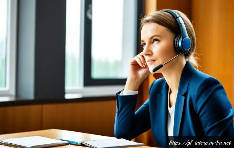 Home 17 국제통역사 업무 능력 향상 팁 - Photorealistic professional international interpreter in a modern Warsaw conference room, wearing a ...